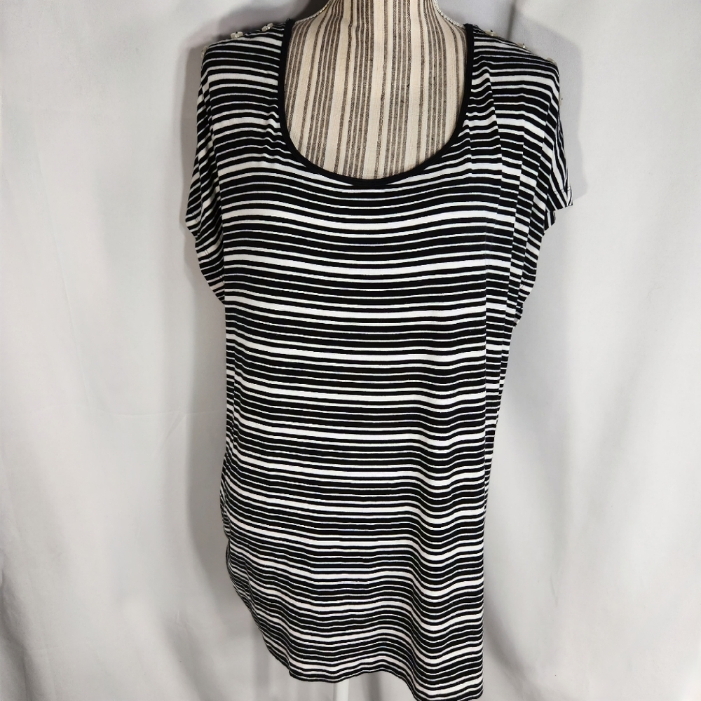 Merona Black & White Striped Button Accents Short Sleeve Top Plus Size 2X